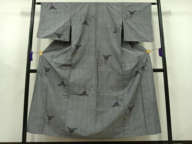 平和屋着物▽上質な紬 単衣 草花文 正絹 逸品 AABD7516jh