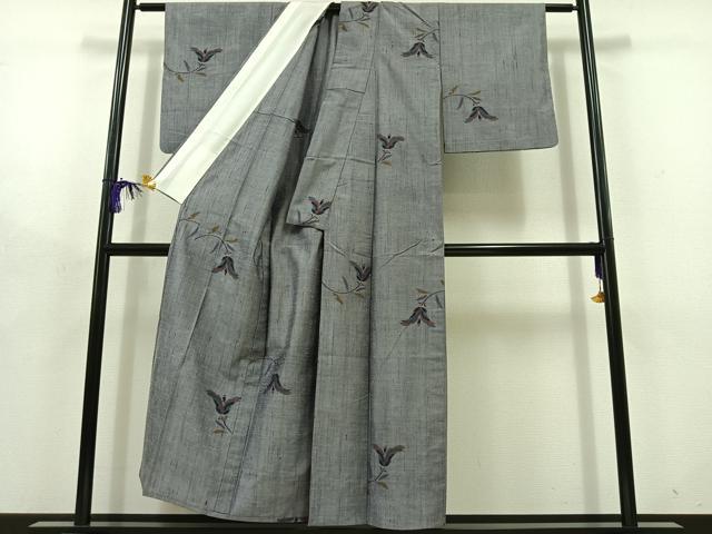 平和屋着物▽上質な紬 単衣 草花文 正絹 逸品 AABD7516jh