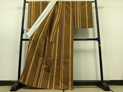 平和屋着物▽上質な紬 単衣 縞 正絹 逸品 AABD7520jh