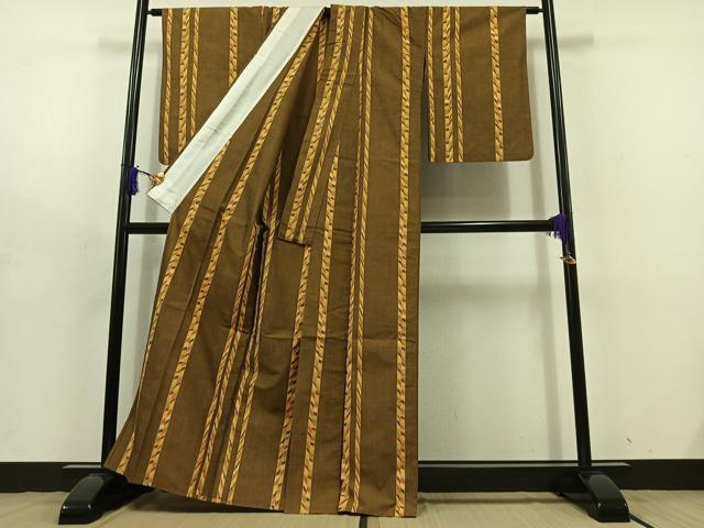 平和屋着物▽上質な紬 単衣 縞 正絹 逸品 AABD7520jh