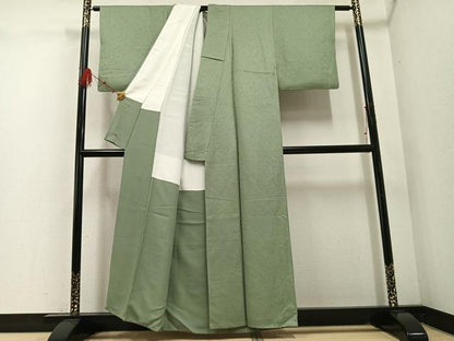 平和屋着物●上質な色無地 草花地紋 山葵色 三越扱い 正絹 逸品 AABD7521ph