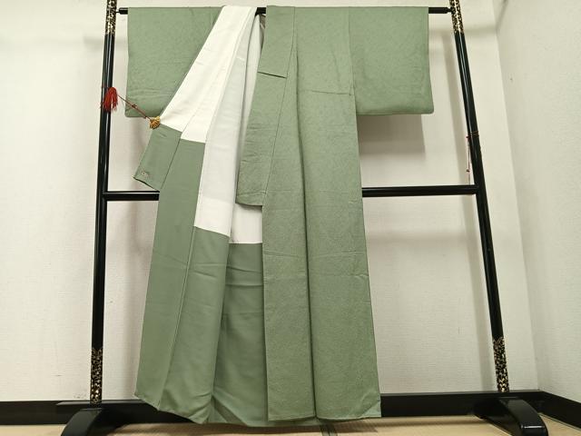 平和屋着物●上質な色無地 草花地紋 山葵色 三越扱い 正絹 逸品 AABD7521ph