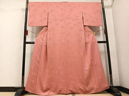 平和屋着物●上質な色無地 万寿菊地紋 甚三紅色 正絹 逸品 AABD7534ph
