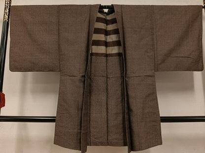 平和屋着物●男性　紬　アンサンブル　格子　正絹　逸品　AABD7554ph