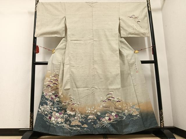 平和屋着物●京の名門　じゅらく謹製　帝王紫(古代帝王紫)　訪問着　刺繍　風景草花文　暈し染め　正絹　逸品　AABD7576ph