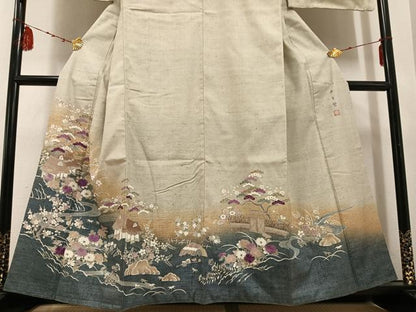 平和屋着物●京の名門　じゅらく謹製　帝王紫(古代帝王紫)　訪問着　刺繍　風景草花文　暈し染め　正絹　逸品　AABD7576ph