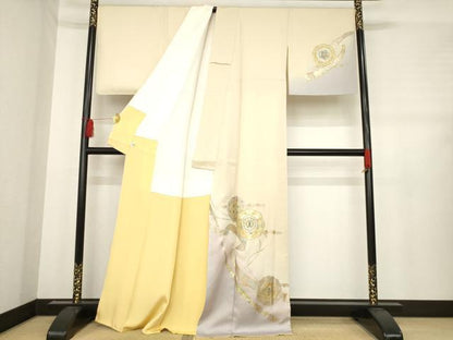 平和屋着物●螺鈿作家 藤本隆士 訪問着 鏡裏花鳥文 暈し染め 金銀彩 残布464cm・反端付き 正絹 逸品 未使用 AABD7601ck
