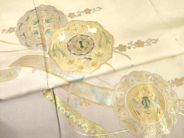 平和屋着物●螺鈿作家 藤本隆士 訪問着 鏡裏花鳥文 暈し染め 金銀彩 残布464cm・反端付き 正絹 逸品 未使用 AABD7601ck