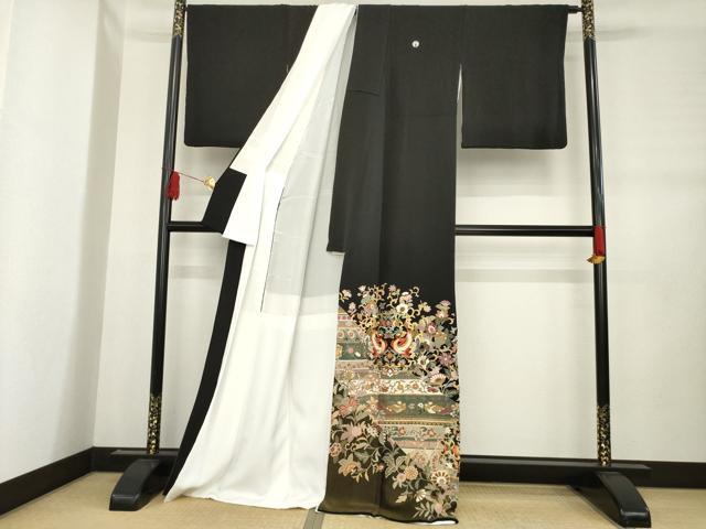 平和屋着物●豪華黒留袖　作家物　駒刺繍　向かい鳥更紗花文　金糸　正絹　逸品　AABE9241ck