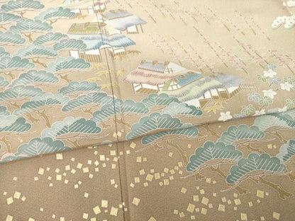 平和屋着物●豪華色留袖　友禅　風景松文　金彩　正絹　逸品　未使用　AABD7666ck