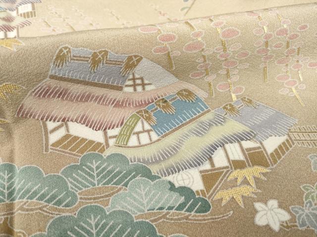 平和屋着物●豪華色留袖　友禅　風景松文　金彩　正絹　逸品　未使用　AABD7666ck