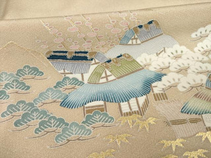 平和屋着物●豪華色留袖　友禅　風景松文　金彩　正絹　逸品　未使用　AABD7666ck