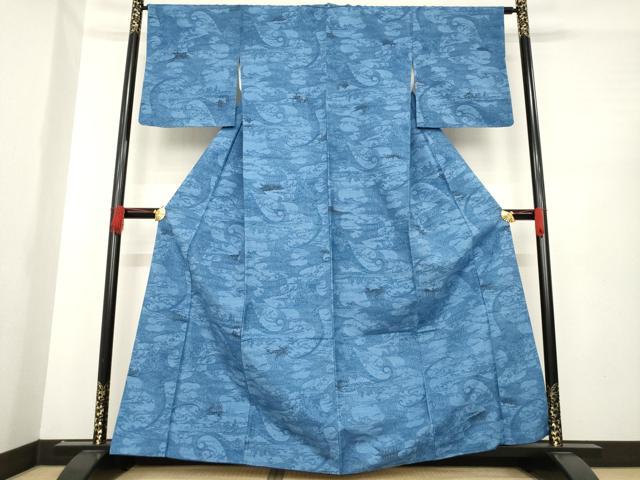 平和屋着物○上質な小紋 紬 本藍 型染め 立波風景文 正絹