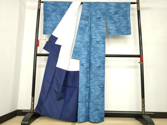 平和屋着物○上質な小紋 紬 本藍 型染め 立波風景文 正絹