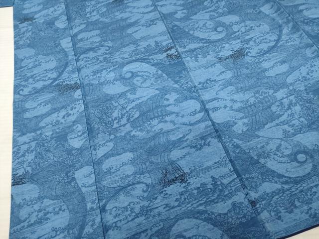 平和屋着物○上質な小紋 紬 本藍 型染め 立波風景文 正絹