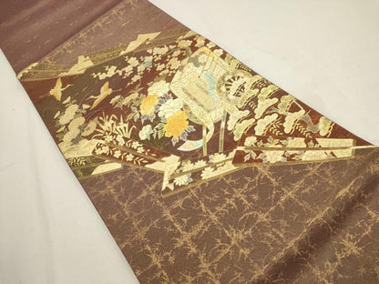 平和屋着物▼太鼓柄袋帯　御所車飛鶴花文　金彩　正絹　逸品　AABD7729wj