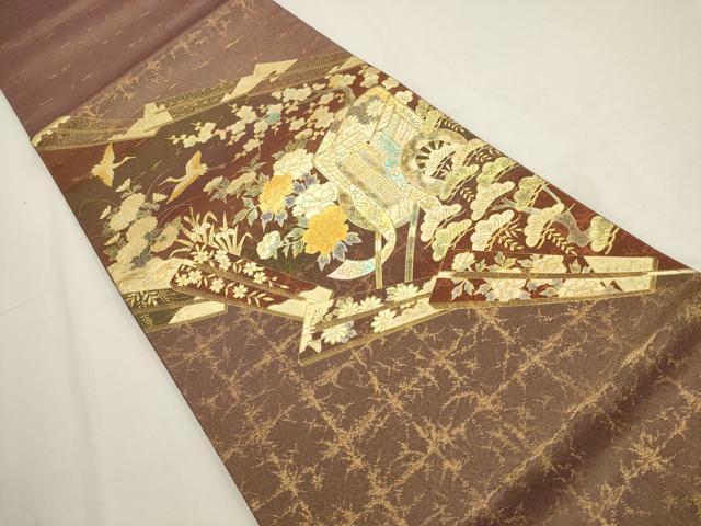 平和屋着物▼太鼓柄袋帯　御所車飛鶴花文　金彩　正絹　逸品　AABD7729wj