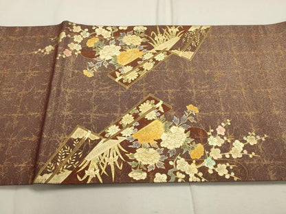 平和屋着物▼太鼓柄袋帯　御所車飛鶴花文　金彩　正絹　逸品　AABD7729wj