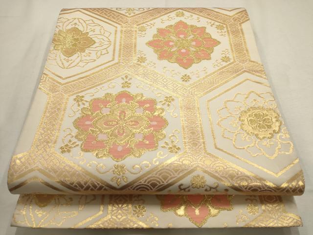 平和屋着物▼六通柄袋帯 亀甲花唐草文 金糸 正絹 逸品 AABD7782wj