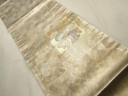 平和屋着物▼太鼓柄袋帯　螺鈿箔　色紙花文　金銀彩　引箔　正絹　逸品　AABD7815wj