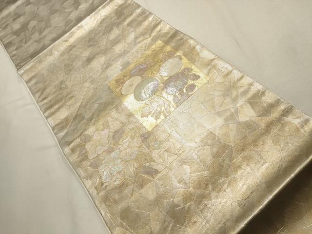 平和屋着物▼太鼓柄袋帯　螺鈿箔　色紙花文　金銀彩　引箔　正絹　逸品　AABD7815wj