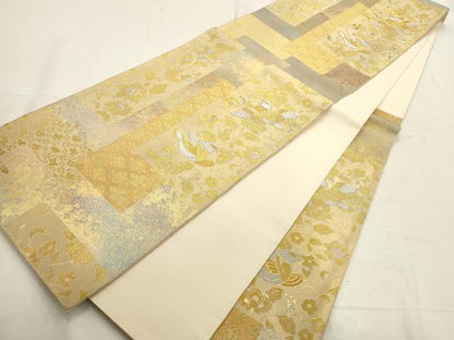 平和屋着物▼六通柄袋帯　花鳥文　金銀糸　正絹　逸品　AABD7844wj