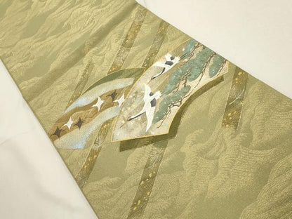 平和屋着物▼太鼓柄袋帯　作家物　手描き　地紙飛鶴文　金糸　正絹　逸品　AABD7919wj