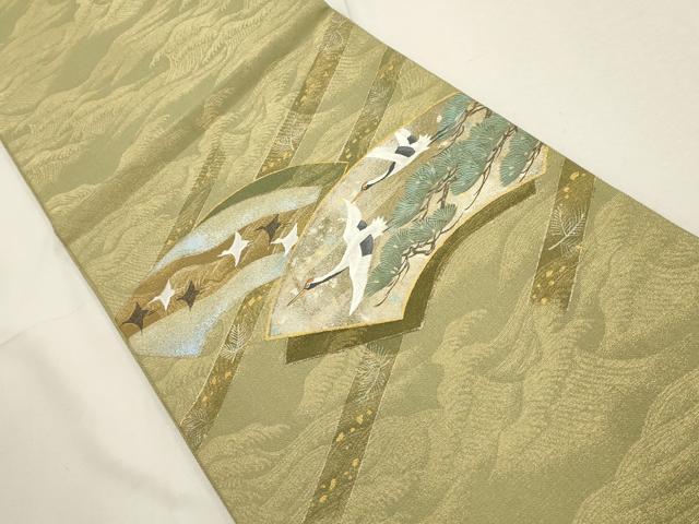 平和屋着物▼太鼓柄袋帯　作家物　手描き　地紙飛鶴文　金糸　正絹　逸品　AABD7919wj