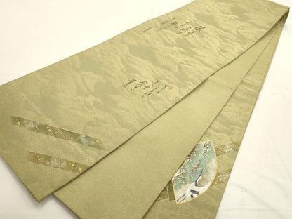 平和屋着物▼太鼓柄袋帯　作家物　手描き　地紙飛鶴文　金糸　正絹　逸品　AABD7919wj