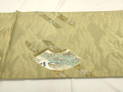 平和屋着物▼太鼓柄袋帯　作家物　手描き　地紙飛鶴文　金糸　正絹　逸品　AABD7919wj
