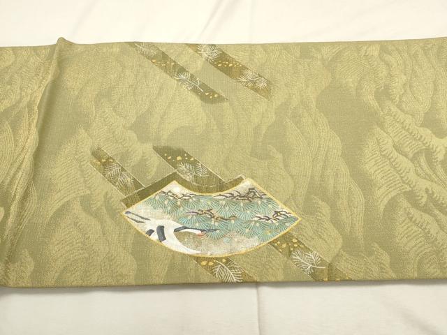 平和屋着物▼太鼓柄袋帯　作家物　手描き　地紙飛鶴文　金糸　正絹　逸品　AABD7919wj