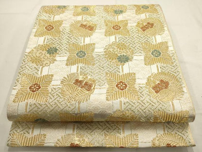 平和屋着物▼全通柄袋帯　市松取松梅菊文　金糸　正絹　逸品　AABD7925wj