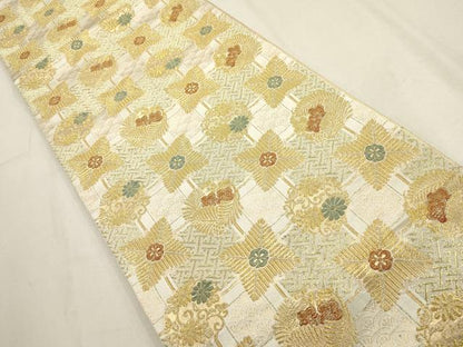 平和屋着物▼全通柄袋帯　市松取松梅菊文　金糸　正絹　逸品　AABD7925wj