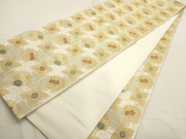 平和屋着物▼全通柄袋帯　市松取松梅菊文　金糸　正絹　逸品　AABD7925wj