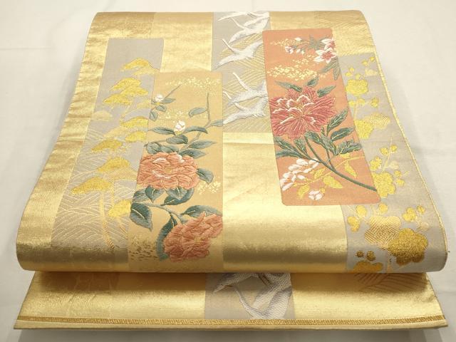 平和屋着物▼六通柄袋帯　唐織　短冊飛鶴花文　金糸　正絹　逸品　AABD7946wj