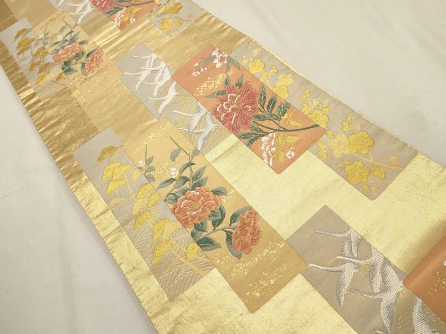 平和屋着物▼六通柄袋帯　唐織　短冊飛鶴花文　金糸　正絹　逸品　AABD7946wj