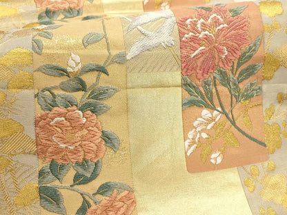 平和屋着物▼六通柄袋帯　唐織　短冊飛鶴花文　金糸　正絹　逸品　AABD7946wj