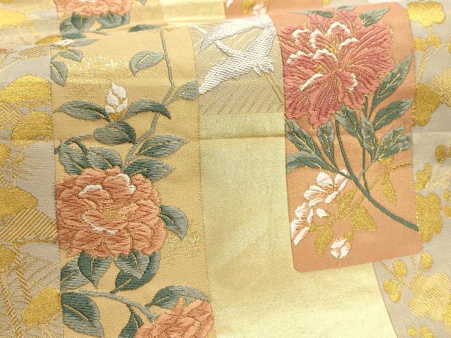 平和屋着物▼六通柄袋帯　唐織　短冊飛鶴花文　金糸　正絹　逸品　AABD7946wj