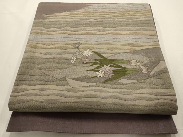 平和屋着物＊夏物 太鼓柄袋帯 草花文 金糸 正絹 逸品 AABD7971wj