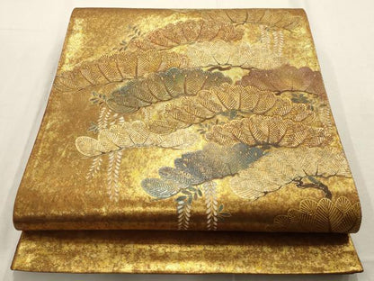 平和屋着物▼太鼓柄袋帯　松　金彩　引箔　正絹　逸品　AABD7974wj