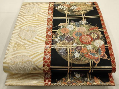 平和屋着物▼六通柄袋帯 花蝶文 松竹梅 金銀糸 正絹 逸品 AABD8085wj