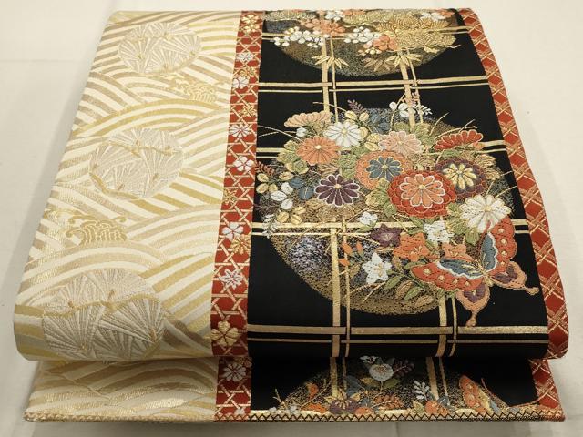 平和屋着物▼六通柄袋帯 花蝶文 松竹梅 金銀糸 正絹 逸品 AABD8085wj