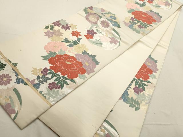 平和屋着物▽六通柄袋帯 唐織 草花丸文 金銀糸 正絹 逸品 AABD8135wj