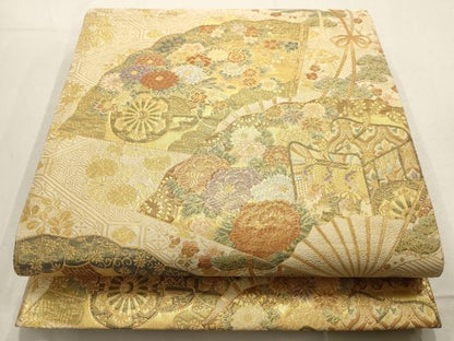平和屋着物▼六通柄袋帯　扇面御所車花文　金糸　正絹　逸品　AABD8136wj