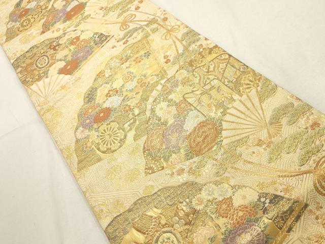 平和屋着物▼六通柄袋帯　扇面御所車花文　金糸　正絹　逸品　AABD8136wj