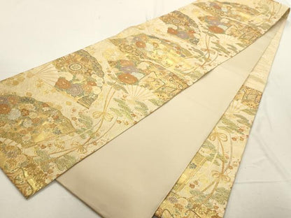 平和屋着物▼六通柄袋帯　扇面御所車花文　金糸　正絹　逸品　AABD8136wj