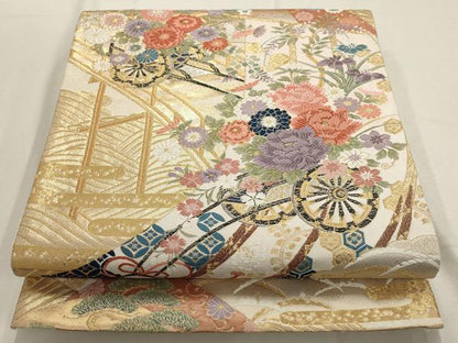 平和屋着物▼六通柄袋帯　花車文　金銀糸　正絹　逸品　AABD8140wj
