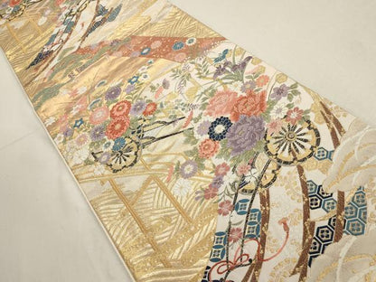 平和屋着物▼六通柄袋帯　花車文　金銀糸　正絹　逸品　AABD8140wj
