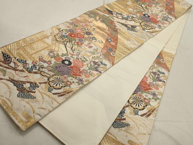 平和屋着物▼六通柄袋帯　花車文　金銀糸　正絹　逸品　AABD8140wj