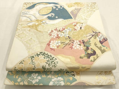 平和屋着物▼六通柄袋帯　飛鶴花文　金糸　正絹　逸品　AABD8146wj